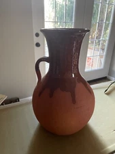 Unmarked Hand Made 12” Pottery Pitcher Drip Glaze Pre Owned.