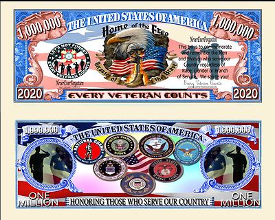 Every Veteran Counts Million Dollar Bill Funny Money Novelty Note + FREE SLEEVE