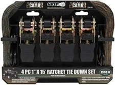 GRIP CAMO 4pc 1" x 15' Ratchet Tie Down Set S Hook 28649