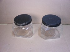 2 Vintage SCURLOCK KONTANERETTE Triangle Glass Jars Containers w/ Tin Lids