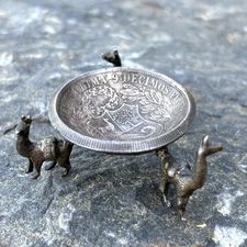 Vtg 1889 Lima Peru Un Sol Silver Coin Trinket Bowl Salt Dish Figural Lama Stand