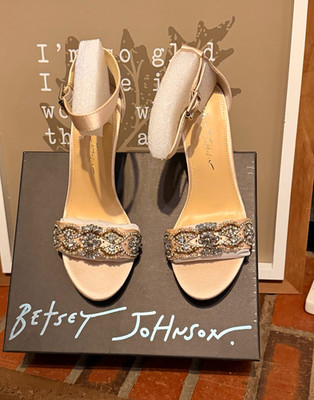 Betsey Johnson Champagne Satin Rhinestone Ankle Strap Stiletto Heels 7.5