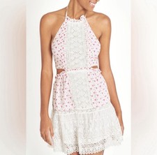 LoveShackFancy Kesia Dress Pink Poppy Cotton Lace Cutout Halter Mini XS NWT $375