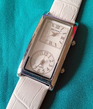 Art Deco Dual Time Zone Watch Men Women Quartz Rectangle White Leather Strap