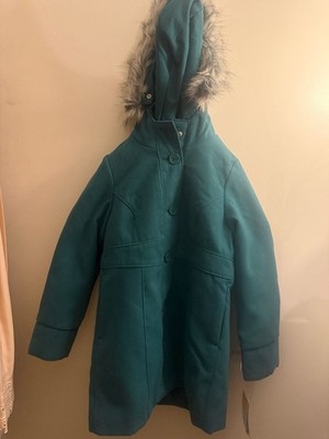 Cat & Jack Girls' Solid Faux Fur Hooded Pea Coat in Dark Green