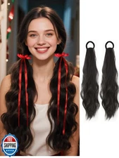 2PCS Curly Ponytail Extension with Elastic Tie 17 Inch Resistant Synthetic Na