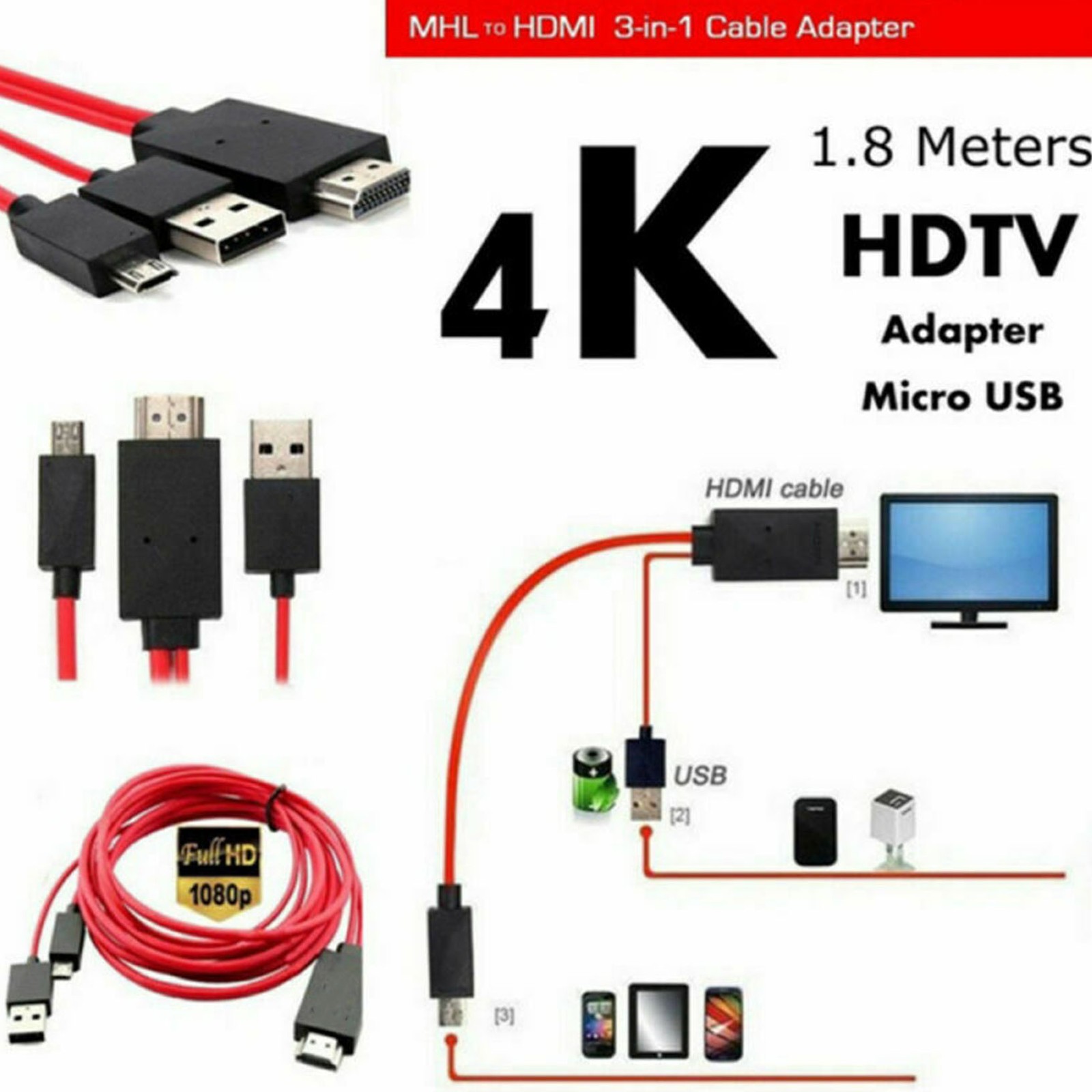 MHL Micro USB to HDMI 1080P HD TV Cable Adapter For Samsung Android Cell Phone