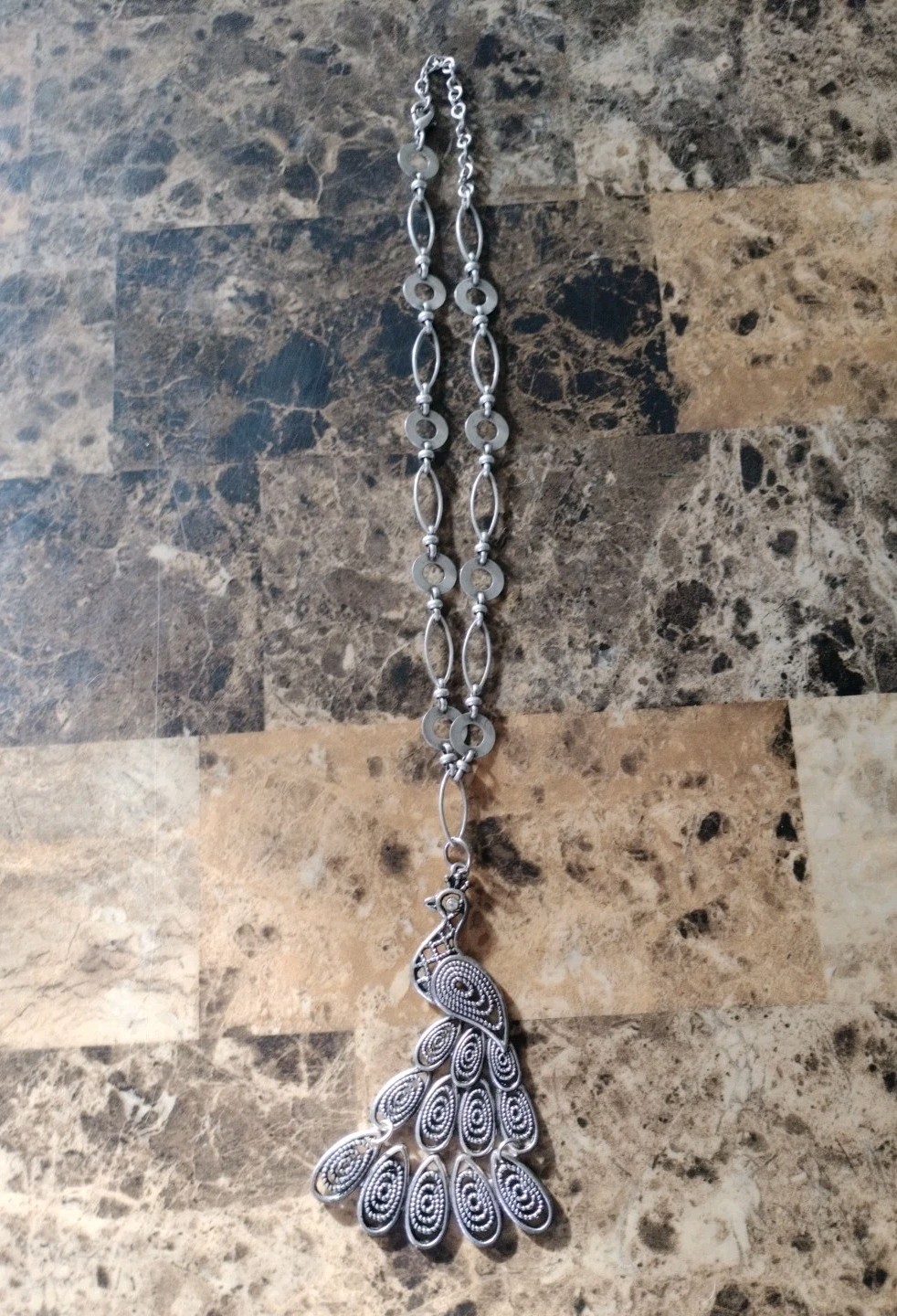 Silver Tone Large Peacock Statement Necklace, Ova… - image 1