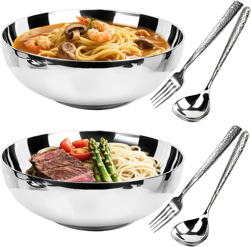 Paquete de 2 platos grandes de cereal/ramen/udon/fideos/fo de 8,7" con 2 cucharas y tenedores