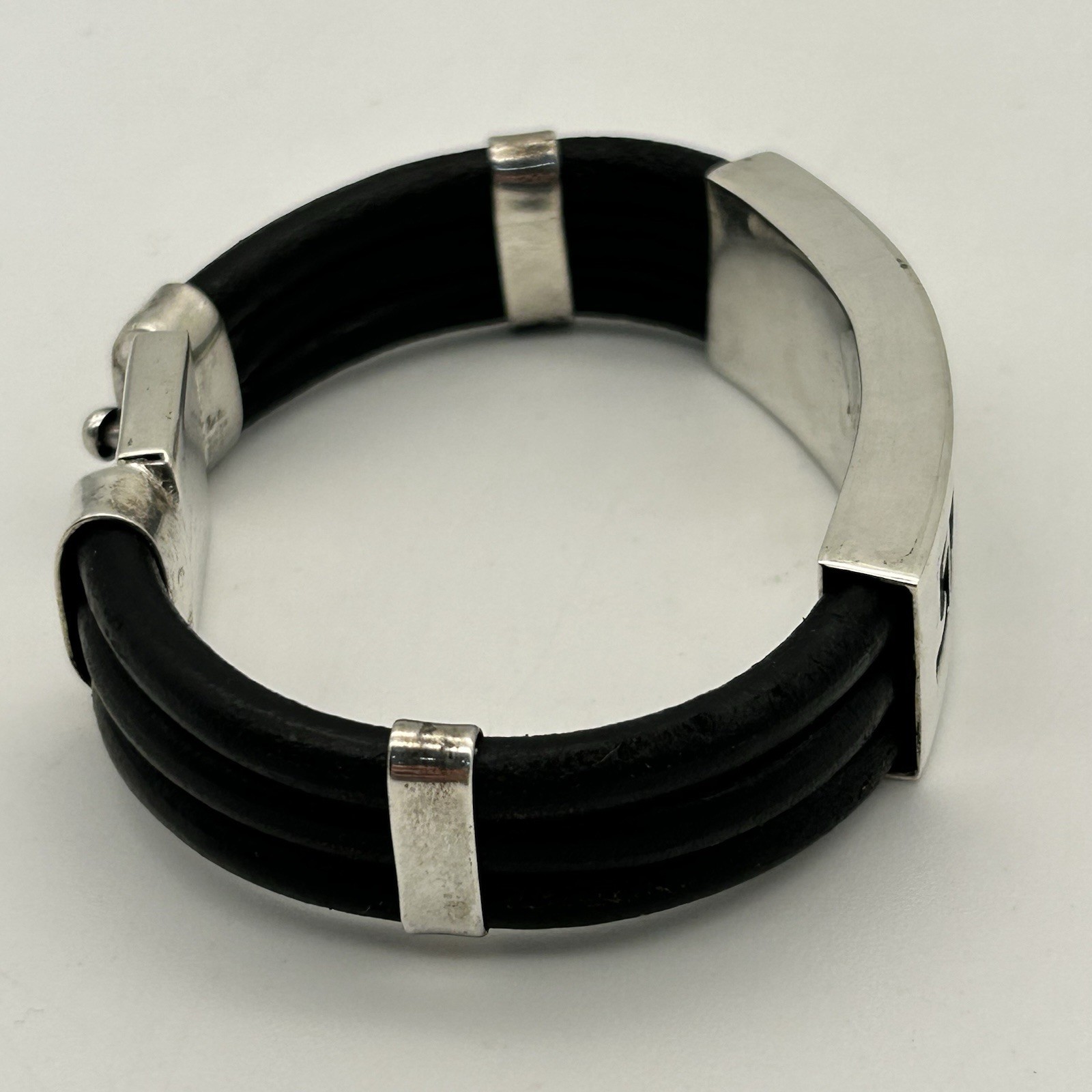 Sterling Silver/Black Leather Bangle Bracelet Gre… - image 2