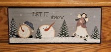 Wooden Winter Sign Snowmen Angel 7x18x.5" Hanging Hooks Corners Scratched