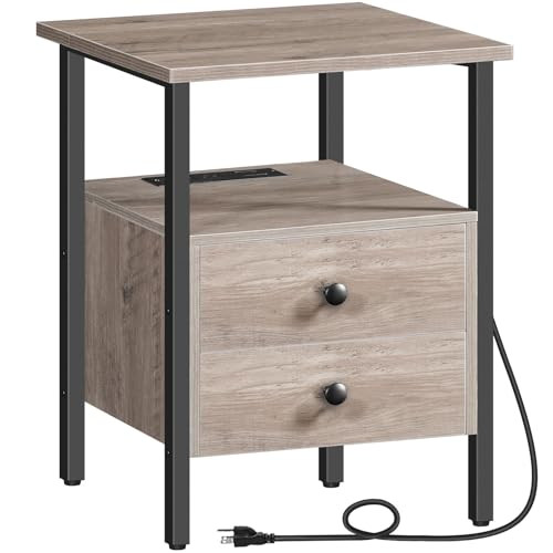 End Table with Charging Station and USB Ports, Side Table with 2 Drawers and
