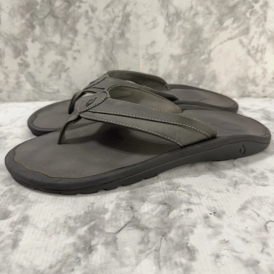 OluKai Ohana Sandals Mens 13 Gray Leather Comfort Flip Flops Outdoor Slides - Image 2 of 4