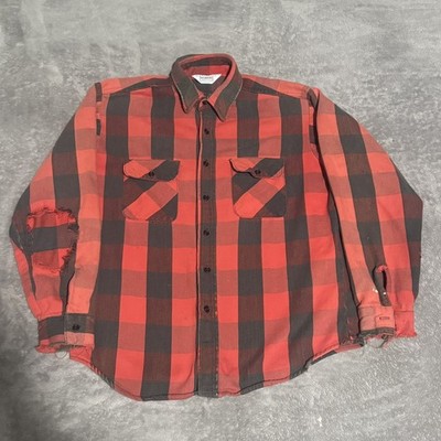 Vintage 70s 80s Five Brother Flannel Button Up Short Red Black Size L Distressed