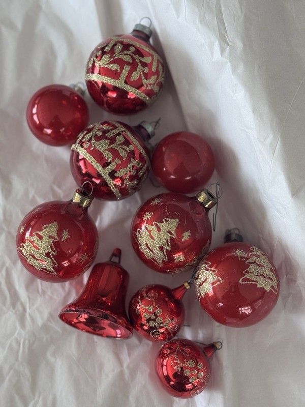 10 MCM Vintage Christmas Ornaments Red Gold glitter Rauch Shiny Brite