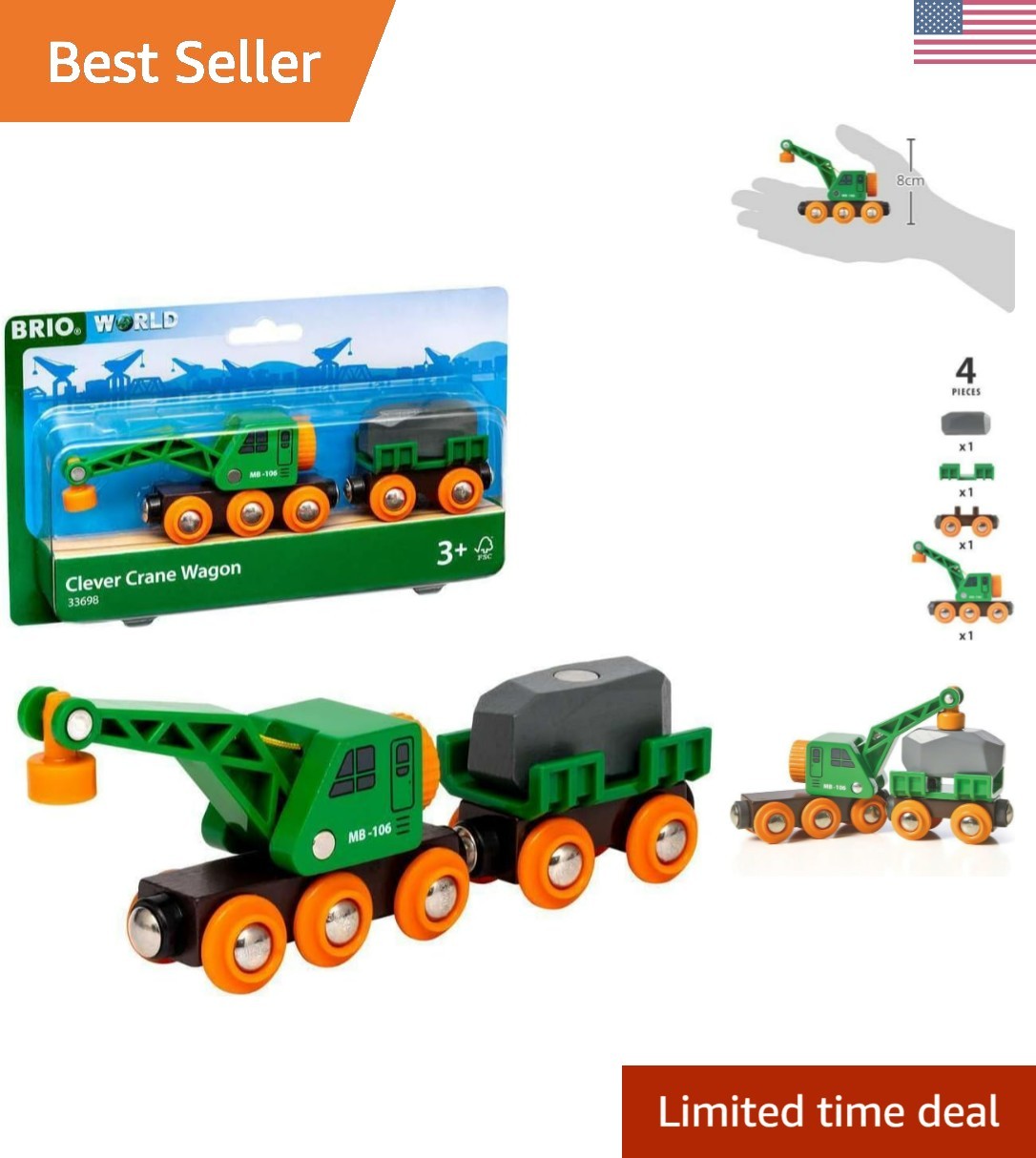 World 33698 - Clever Crane Wagon Set - 4 Piece Wooden Toy Tr