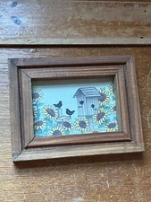 Mini Print of Sunflowers w Black Birds & Bird House in Thick Wood Frame Under