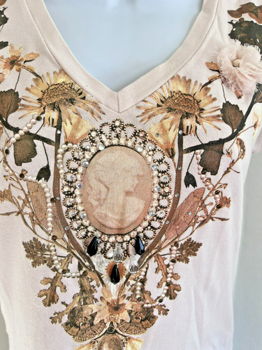 Bandolino Size S Ivory Floral Short Sleeve Embellished Blouse - Picture 3 of 8