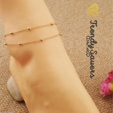 Women's Gold Barefoot Beach Double Chain Link Tassel Foot Bracelet Anklet