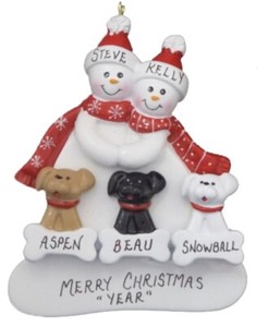 family of 3 with 2 dogs ornament