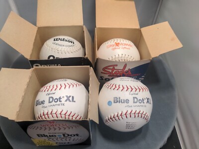 Lot of 4 VTG Softball Balls 2 Worth Blue Dot 1 Steele's Sky Hawk 1 Wilson Optima