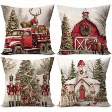 4Pcs Rustic Christmas Pillow Covers Set Vintage Red Truck Decor Pillow Cases