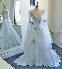 Vintage Celtic Wedding Dress With Fairy Long Sleeves Corset A Line Bridal Gown
