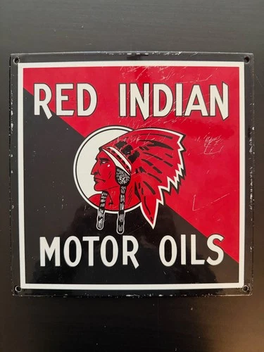 Vintage Style Red Indian Motor Oils Porcelain Enamel Advertising Sign 9.5 x 9.5"