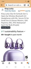 King Lucky Gen 3 Clip-On Wireless Bluetooth Earbuds Purple