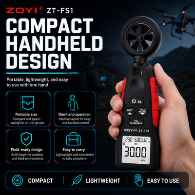 ZOYI ZT-FS1 Windmesser Hand Windgeschwindigkeit Luftstrom Luftfeuchtigkeit Messgerät mit CFM CMS
