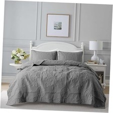 Damask Quilt Size Bedding Sets with 2 Pillow Shams, Boho King Dark Grey