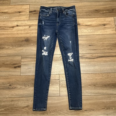 American Eagle Super High Rise Jegging Jeans SZ 6 Blue Denim Stretch Distressed
