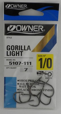 Owner 5107-111 Gorilla Light Live Bait Hook Short Forgd Shank BlkChr Sz 1/0 7Ct