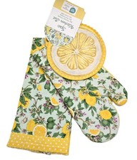5 PC SET COTTON YELLOW,GREEN LEMON, BLOSSOM 2 POT HOLDERS,MITT 2 KITCHEN TOWEL