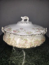 Bowl Antique Homer Laughlin Hudson Covered Tureen  Floral Filigree Gold Trim.