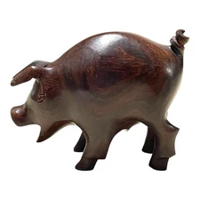 Vintage Hand Carved Ironwood Curly Tail Pig Sculpture Dark Wood Folk Art 5” READ