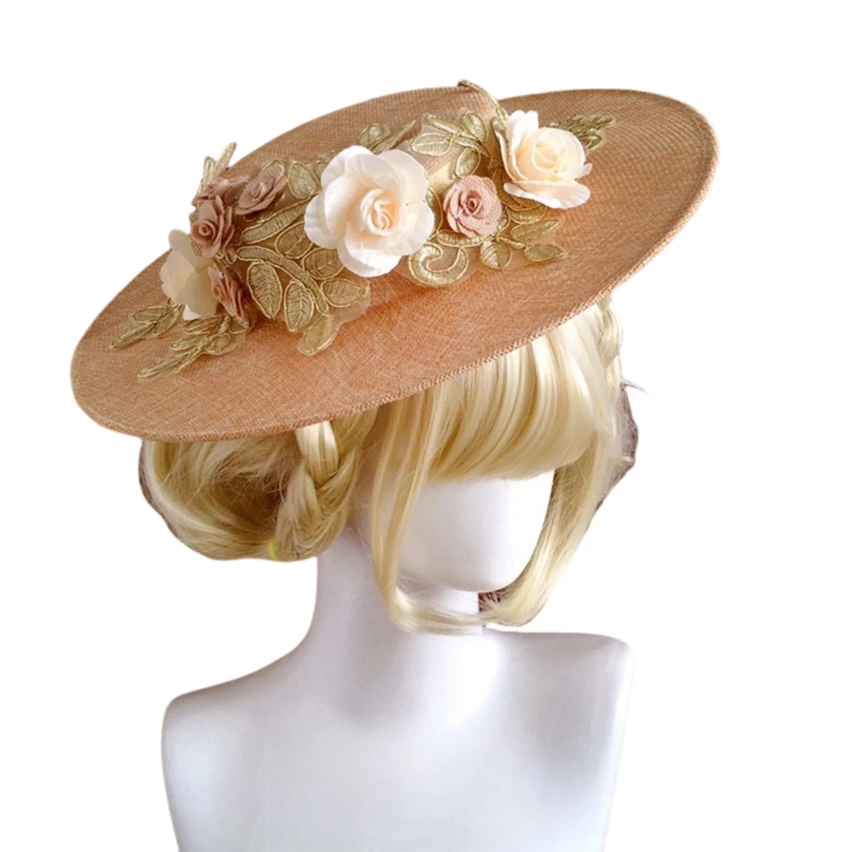 Vintage Victorian Elegant Silk & Linen Tan Floral Women\'s Hat Vintage Beige & Peach Floral Hat with Green Leaves and brown  main image 2