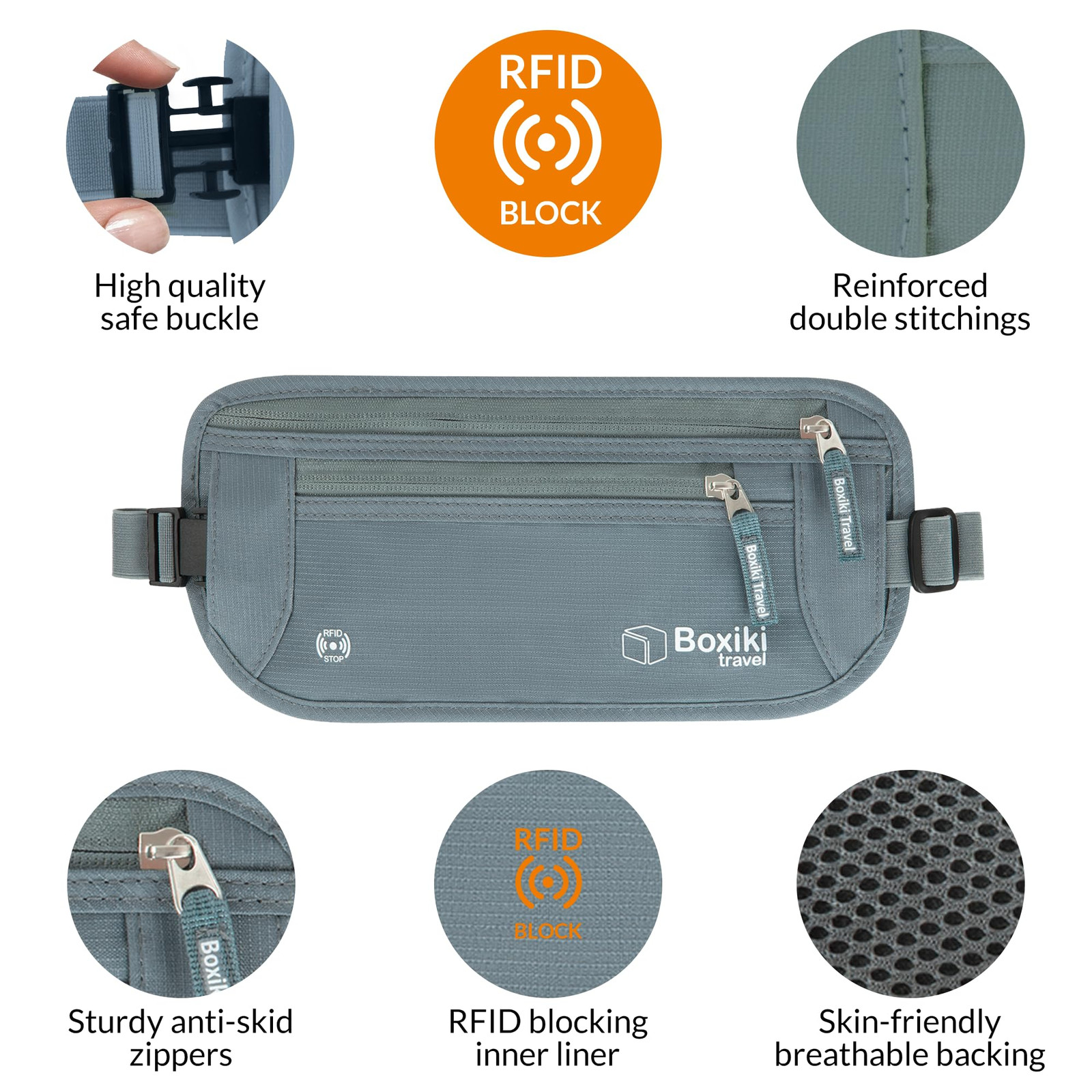 , Gray Money Belt + RFID Sleeves Set of 8 Pcs | RFID Blocking Secure Waist Ba...