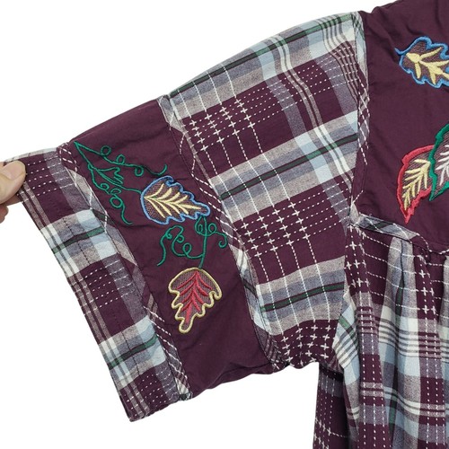 Vintage National Burgundy Plaid Embroidered Fall Leaf Dress Boho Teacher Outfit - Picture 6 of 17