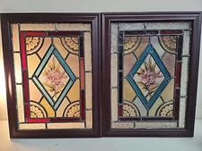 OLD ENGLISH LEADED STAINED GLASS WINDOW Hand Painted Floral 17" x 13" Pair