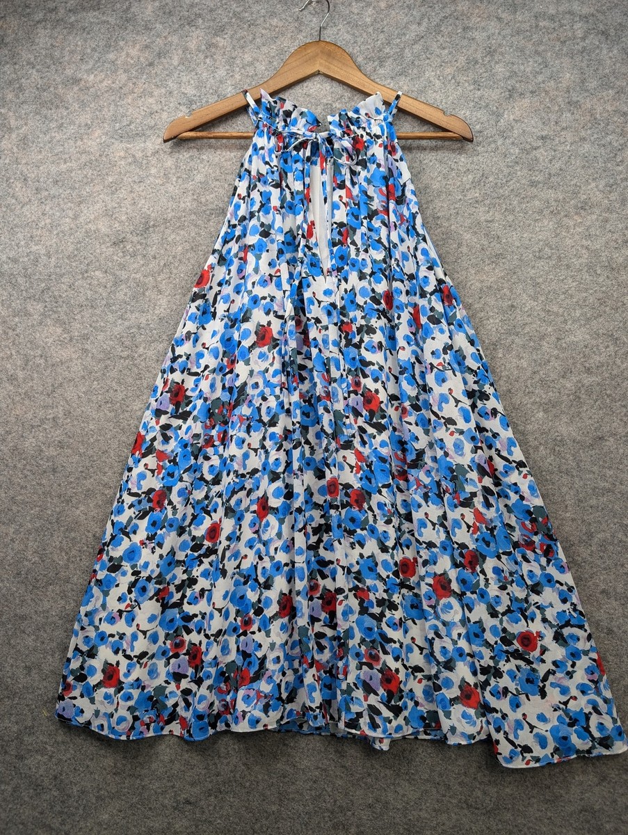 Badgley Mischka Belle Dress Womens 10 Blue Ruffle Halter Neck Floral Swing  Lined | eBay