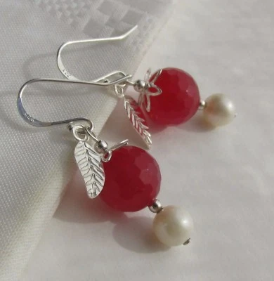 rote Jade Zucht Perlen Ohrringe 925 Silber Blüte Blatt Charm Juan del Rio Design - Bild 1 von 4