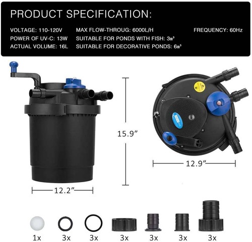 Filtro biológico de presión de estanque con bombilla UV de 13 W esterilizador luz estanque de peces koi 1600 GPH - Imagen 9 de 12