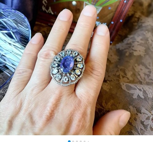 Natural Blue Sapphire & Blue Topaz Ring 925 Solid Silver Handmade Diamond Ring - Picture 3 of 5