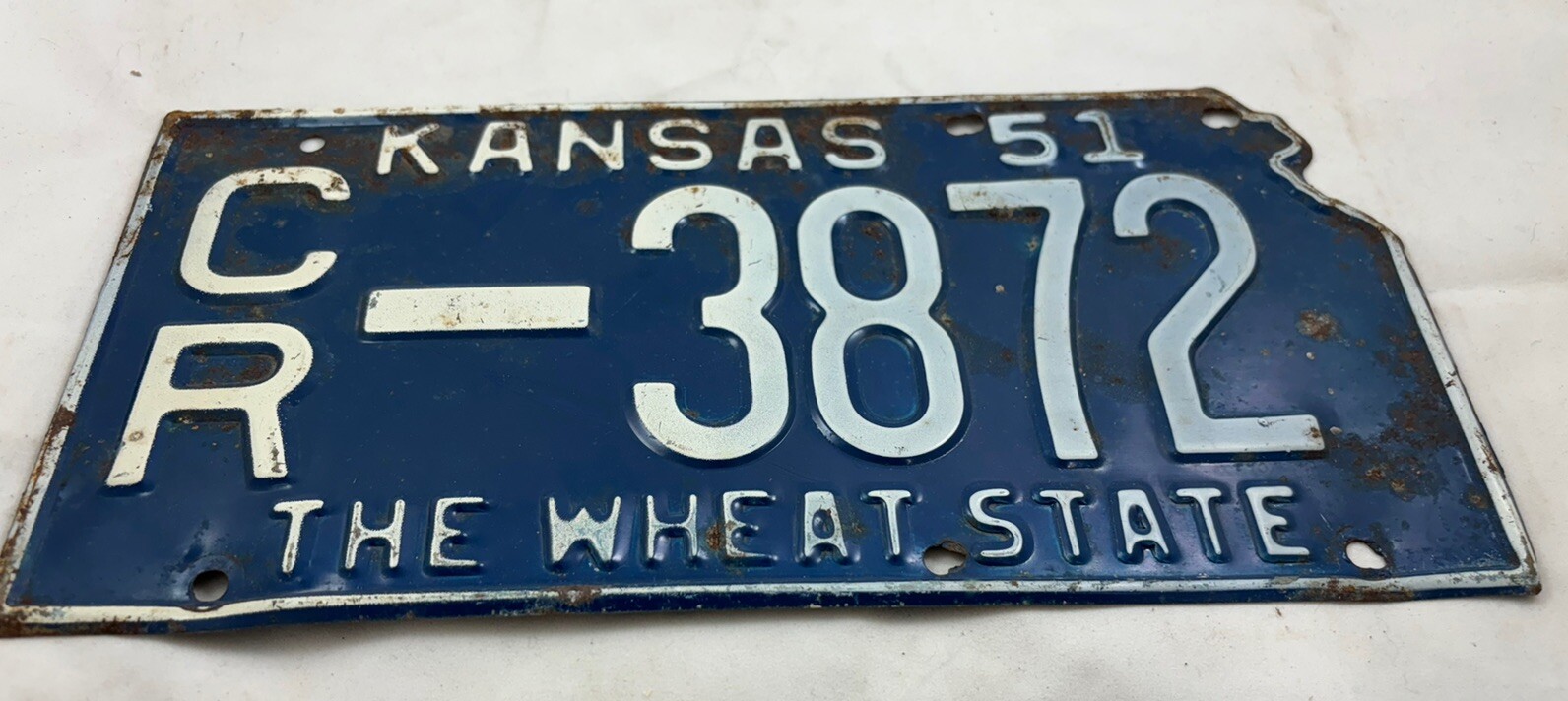Vintage 1951 Kansas License Plate “CR3872“ — Expired. The Wheat State