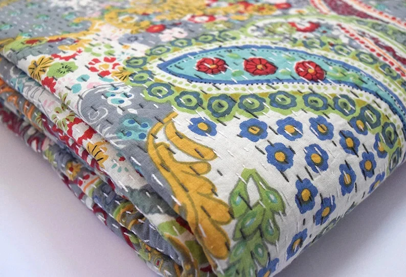 Edredón Kantha indio gris cachemir indio hecho a mano colcha Queen Kantha edredón  Foto 2 de 4