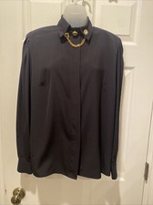 LOUIS FERAUD VINTAGE BLOUSE SZ 14 Black, Polyester Gold And Crystal Buttons