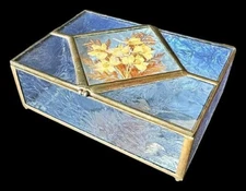Vintage Blue Textured Glass Trinket Box with Pressed Flowers Art Nouveau 6" Wide