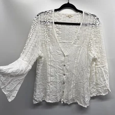 White Crochet Lace Bell Sleeve V Neck Blouse Top Size M Cottagecore Fairycore