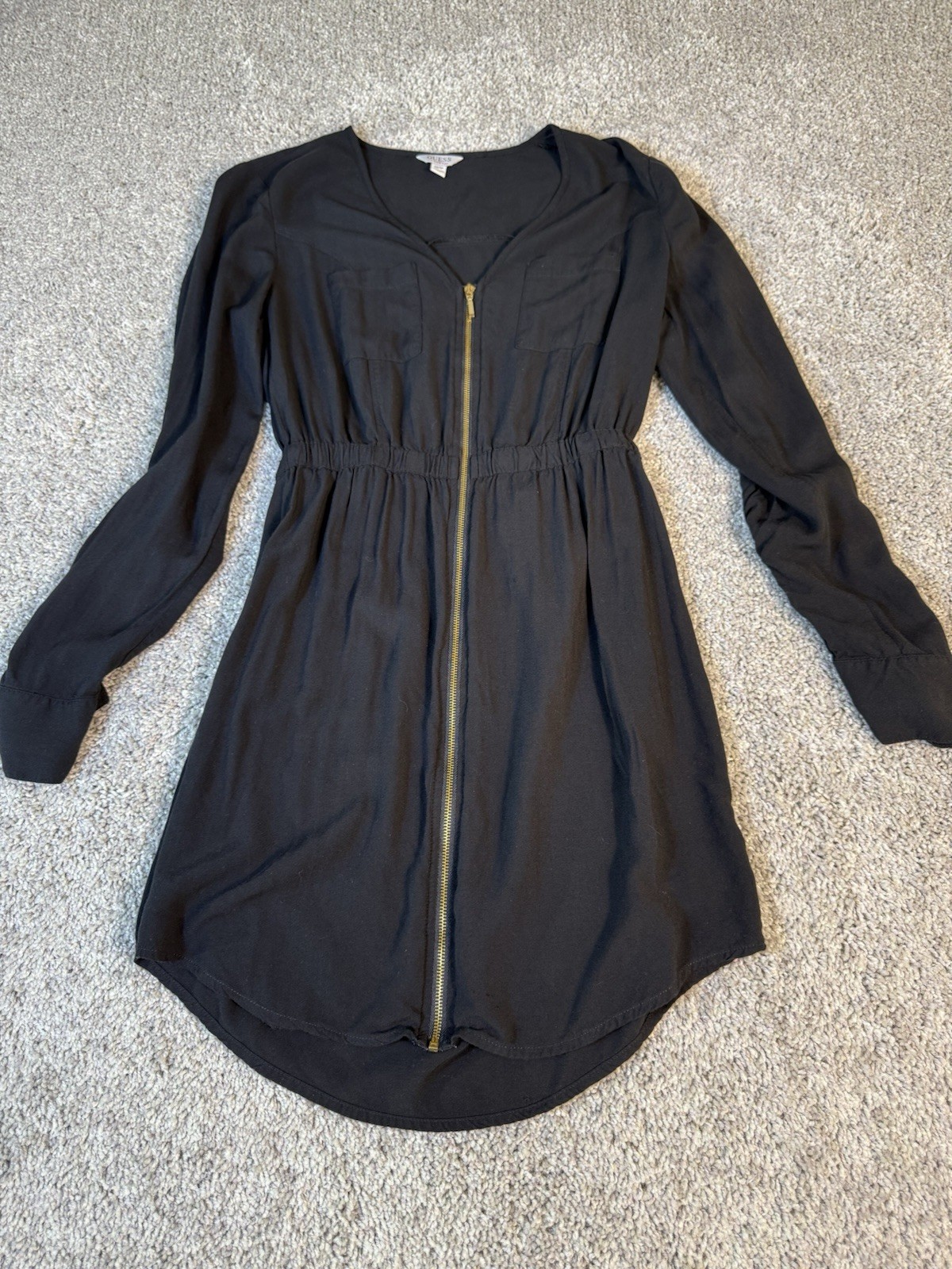 Guess Black Zip Up Dress With Gold Zipper Size XS Long Sleeve